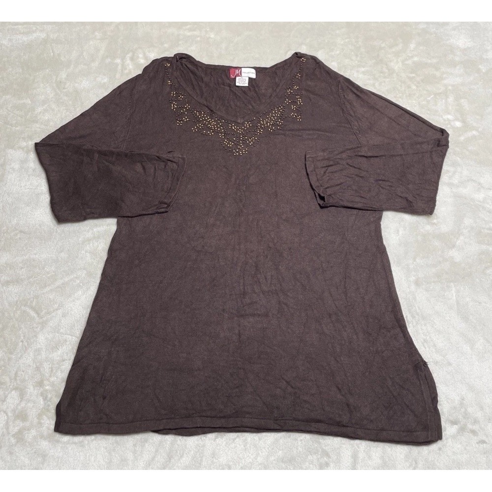 JM Collection Top Women's Size XL Brown Beaded Long Sleeve Stretch Rib Blouse